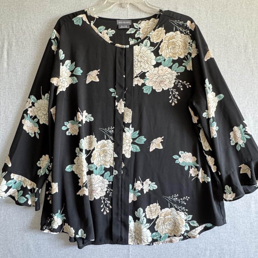 Van Heusen Shirt Womens XL Black Floral Long Sleeve‎ Blouse Top 100% Polyester
